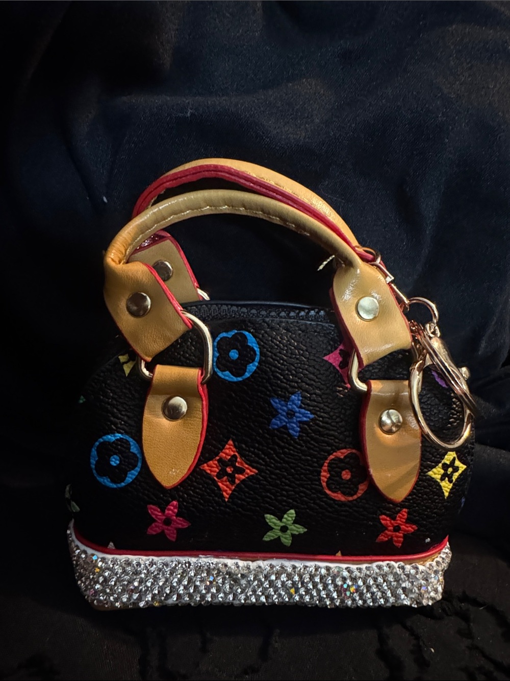 Black Multicolor Flower Accent Dome Satchel - large keychain